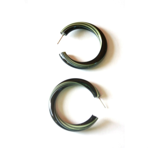 Black & Lime Green Large Tube Stripe Hoop Earrings - Picture 3 of 5